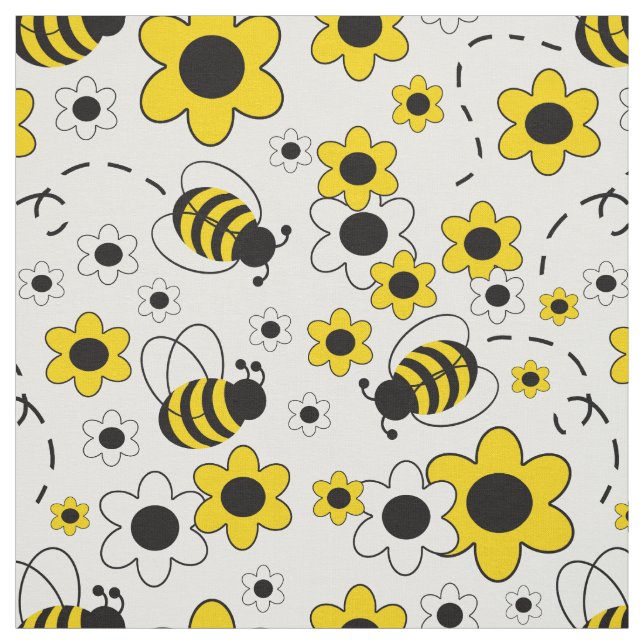 Tissu Miel Bumble Bee Bumblebee Blanc Jaune Floral (Échantillon)