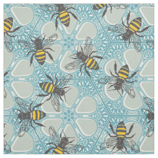Tissu miel ruche fleurie bleu
