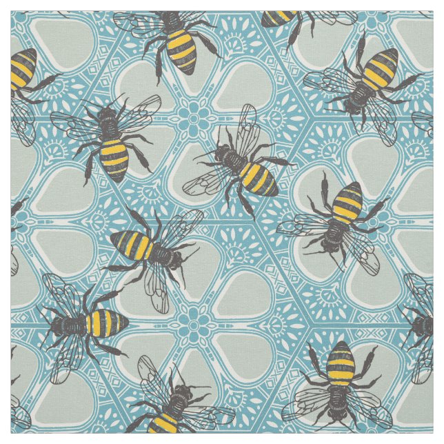 Tissu miel ruche fleurie bleu (Échantillon)