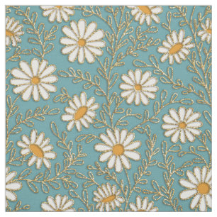 Tissu Mignonne Blanc Jaune Or Fleurs Turquoise Bleu