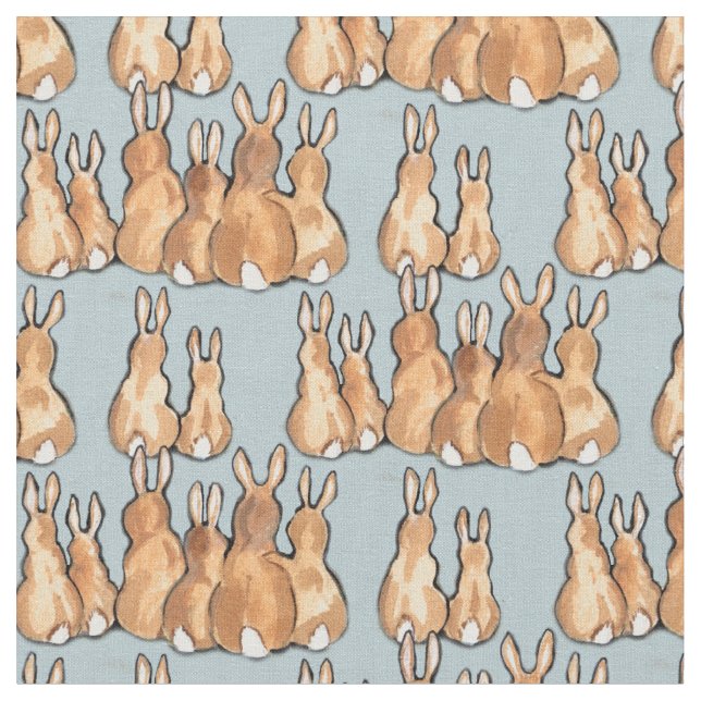 Tissu Mignons lapins de lapin Tan sur Arrière - plan ble (Fermer)