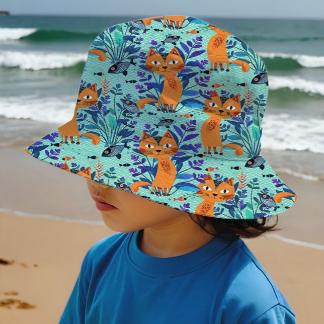 Tissu Mint Folk Art Chats et Motif de poisson (Sew your own bucket hats)