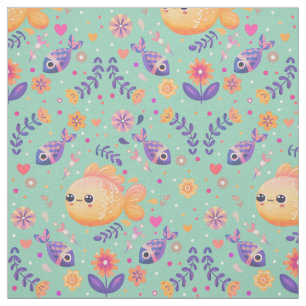 Tissu Mint Kawaii Goldfish Sea Garden Motif