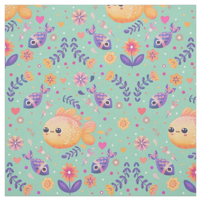 Tissu Mint Kawaii Goldfish Sea Garden Motif (Échantillon)