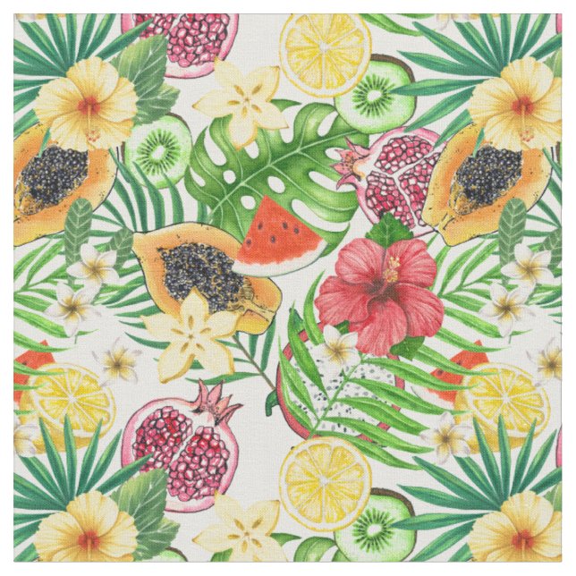 Tissu Mix-fruit tropical, fleurs et feuilles sur blanc (Fermer)