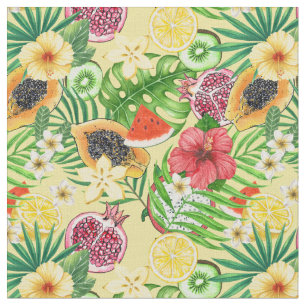 Tissu Mix-fruit tropical, fleurs et feuilles sur jaune