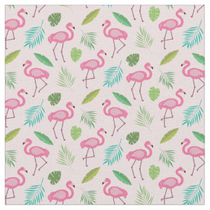 Tissu Modèle flamand rose avec feuilles tropicaux