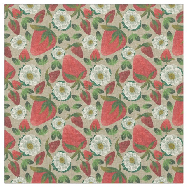 Tissu Modèle floral fraise (Fermer)