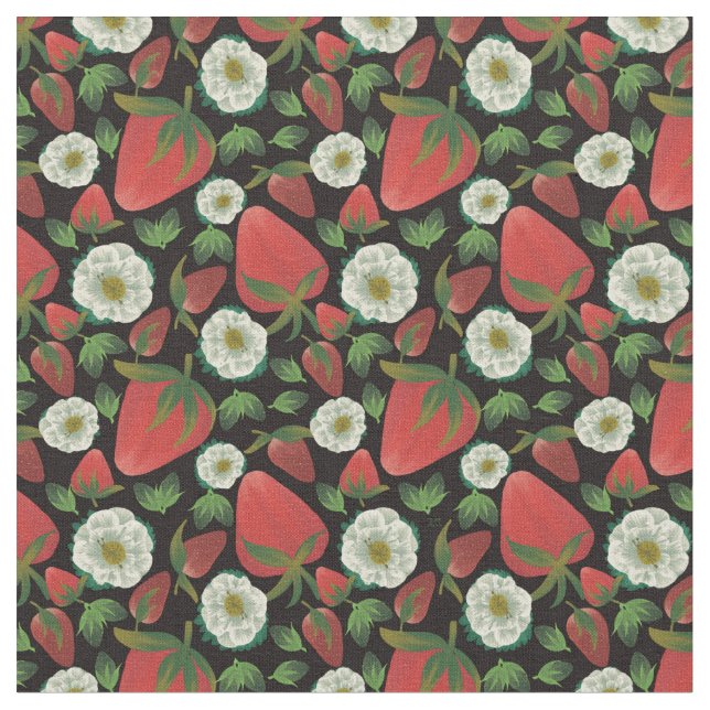 Tissu Modèle floral noir fraise (Fermer)