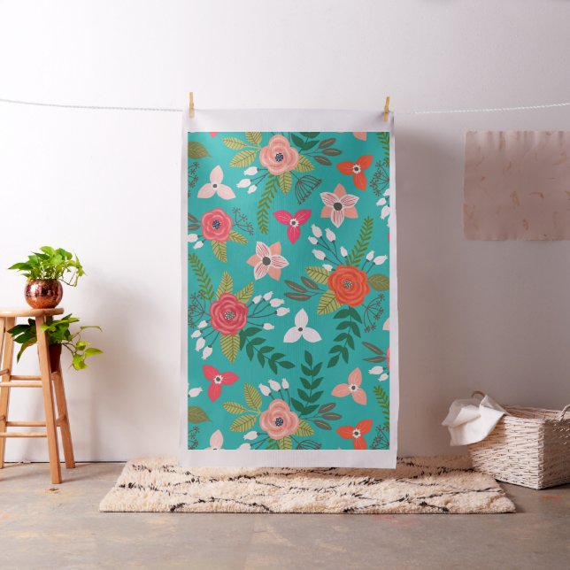 Tissu Modèle floral turquoise et corail (In Situ)