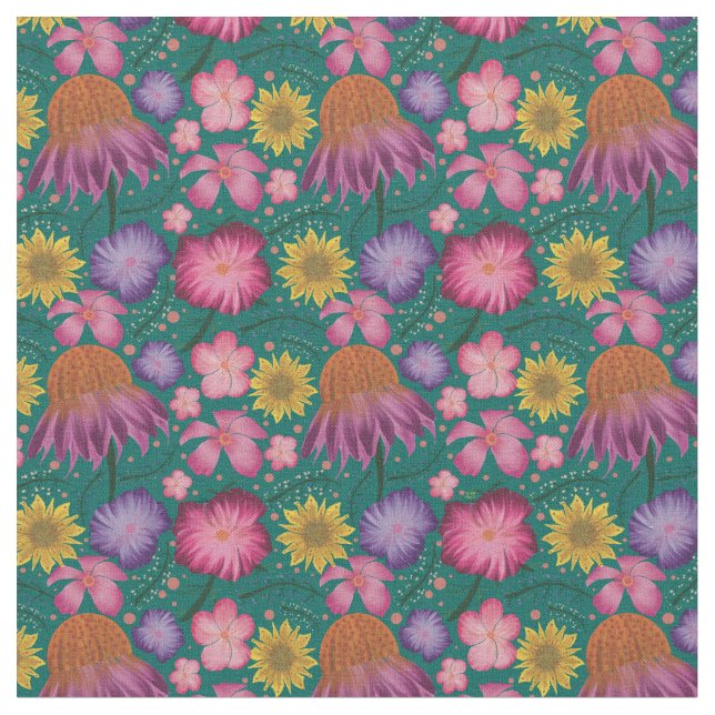 Tissu Modèle Floral Turquoise fleur sauvage (Fermer)