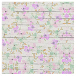 Tissu Monnaie de bois blanc rustique Vert Fleurs Roses B