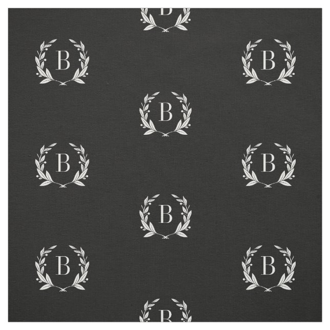 Tissu Monogramme de couronne de laurier noir et blanc (Échantillon)