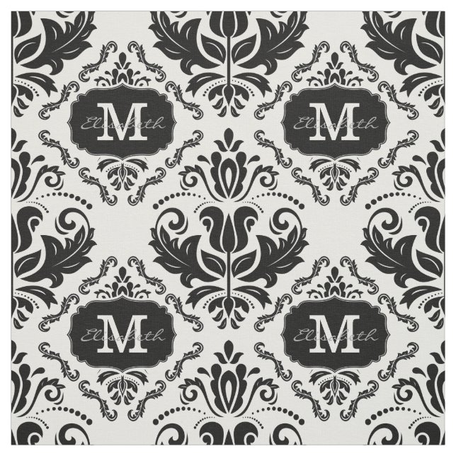 Tissu Monogramme noir classique et chic noir blanc Damas (Échantillon)