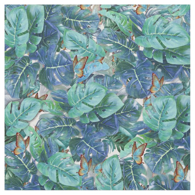 Tissu Monstera bleu turquoise Feuilles et papillons (Fermer)