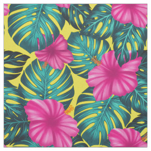 Tissu Monstera Feuilles et Hibiscus, rose Turquoise sur