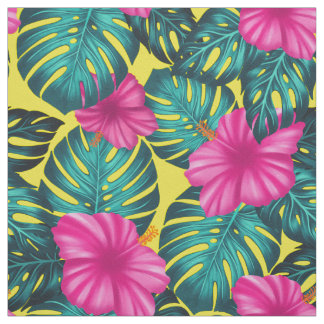 Tissu Monstera Feuilles et Hibiscus, rose Turquoise sur 