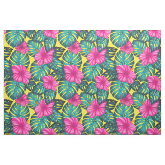 Tissu Monstera Feuilles et Hibiscus, rose Turquoise sur
