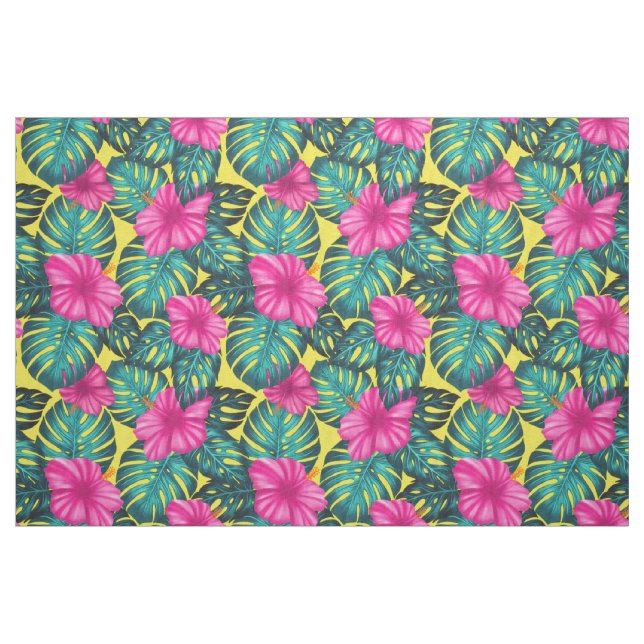 Tissu Monstera Feuilles et Hibiscus, rose Turquoise sur  (Fat Quarter)