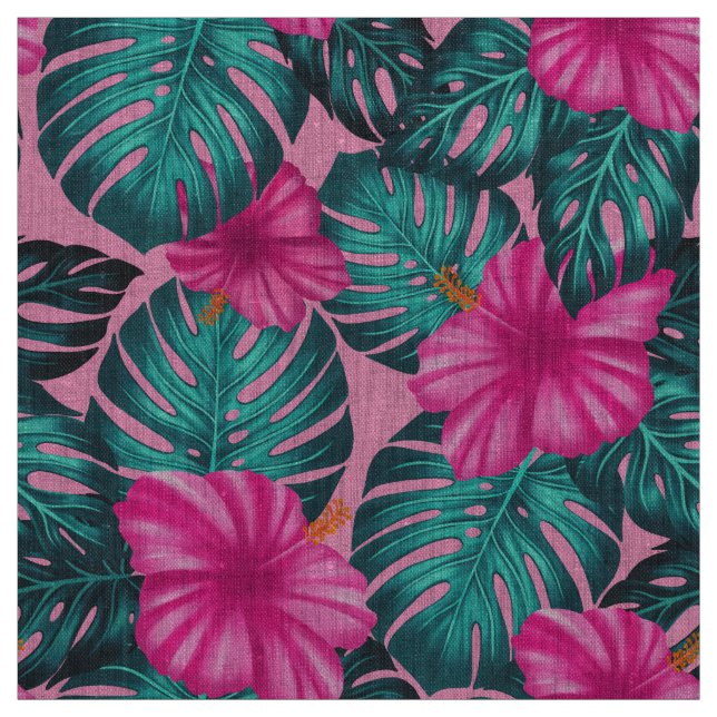 Tissu Monstera feuilles et Hibiscus Turquoise et rose su (Échantillon)