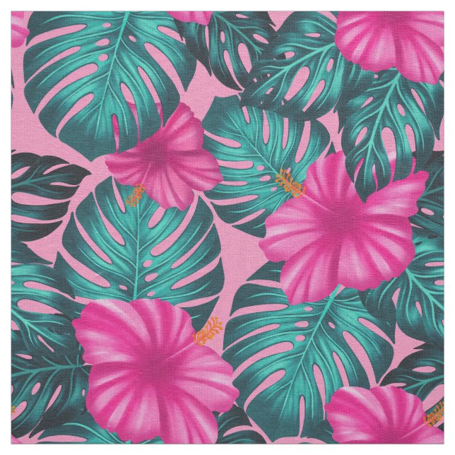 Tissu Monstera feuilles et Hibiscus Turquoise et rose su (Échantillon)