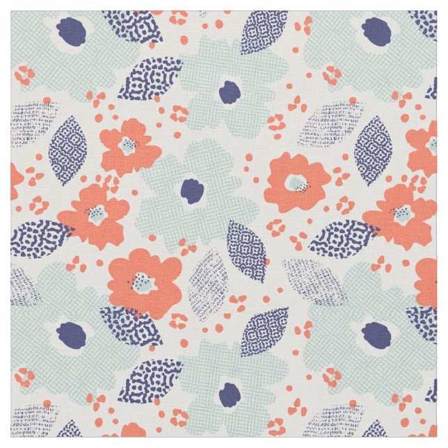 Tissu Motif à fleurs moderne orange et bleu (Fermer)