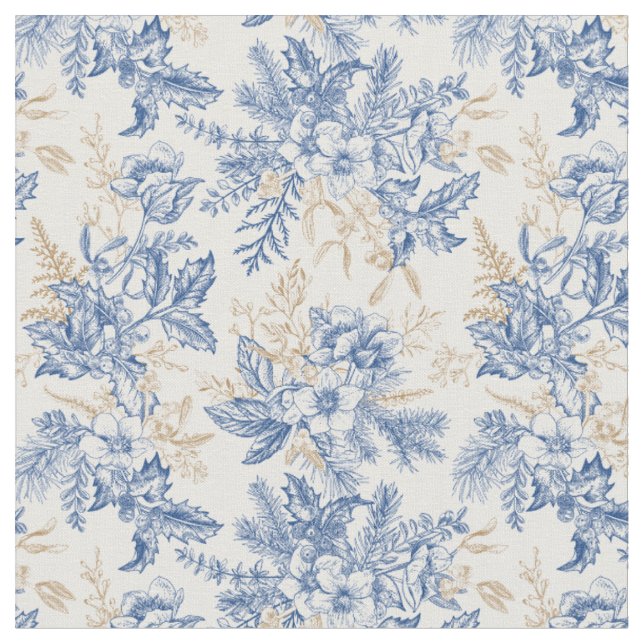 Tissu Motif à fleurs Vintage d'hiver bleu (Fermer)
