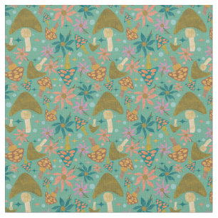 Tissu Motif à la menthe florale de champignons rétro