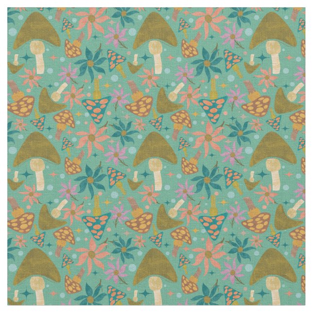 Tissu Motif à la menthe florale de champignons rétro (Fermer)