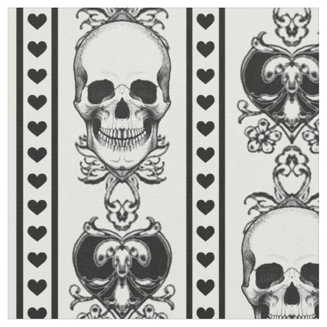 Tissu Motif à rayures de crâne baroque blanc et noir (Fermer)
