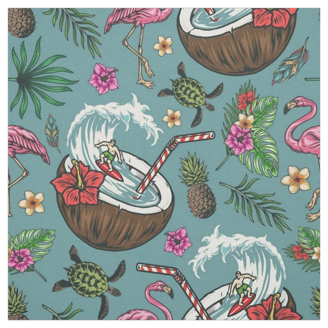 Tissu Motif à thème tropical surf rétro (Échantillon)