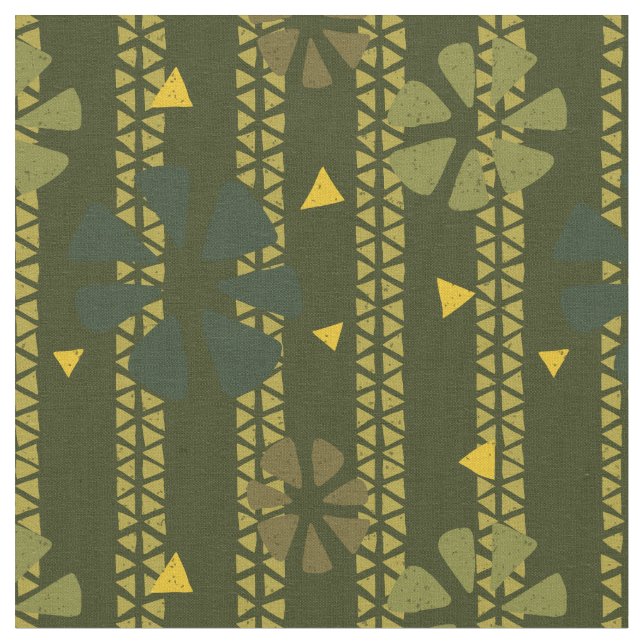 Tissu Motif Abstrait ethnique vert, moutarde, olive fonc (Fermer)