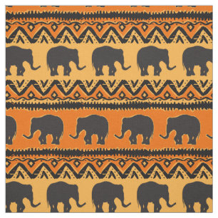 Tissu Motif africain des éléphants noirs oranges