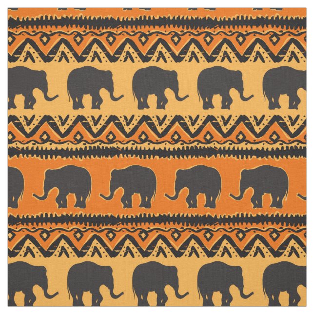 Tissu Motif africain des éléphants noirs oranges (Échantillon)