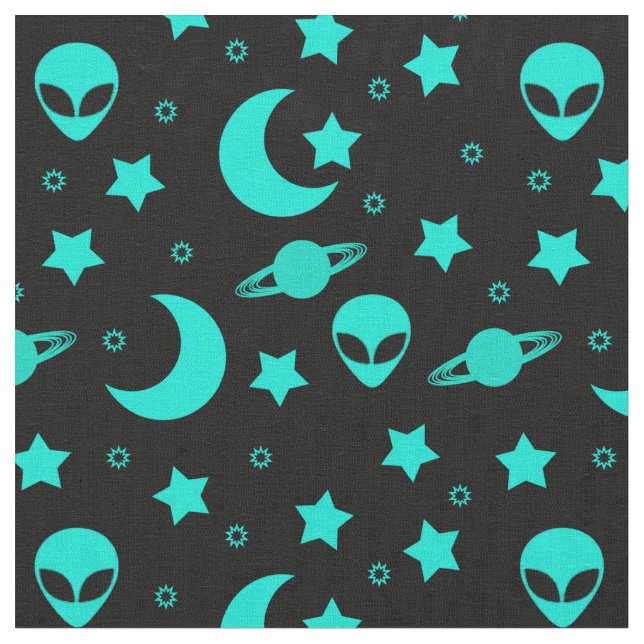 Tissu Motif Alien turquoise avec étoiles et lunes (Fermer)