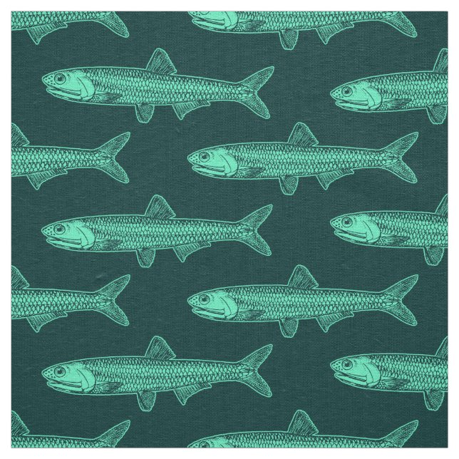 Tissu Motif anchois - Turquoise et Vert foncé (Échantillon)
