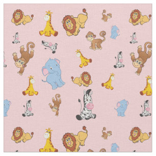 Tissu motif animal safari rose mignon - Giraffe, éléphan
