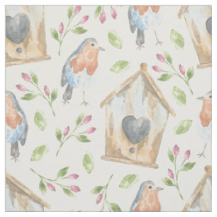 Tissu Motif aquarelle de maison d'oiseau rustique rouge-