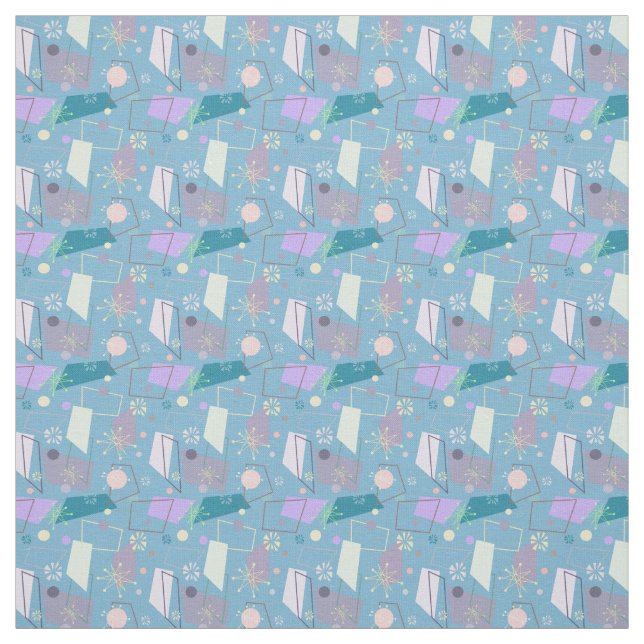Tissu motif atomique rétro des années 1950 en bleu et vi (Échantillon)