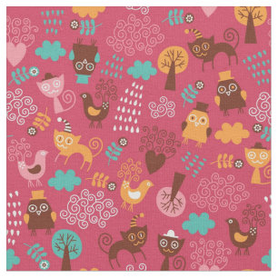 Tissu Motif avec des oiseaux et des chats mignons