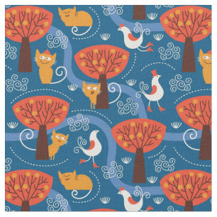 Tissu motif avec les chats et les oiseaux mignons