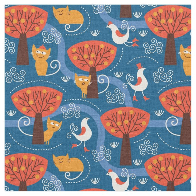 Tissu motif avec les chats et les oiseaux mignons (Fermer)