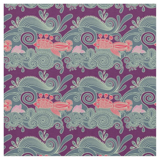 Tissu Motif Avec Poisson Et Vague Violette (Fermer)