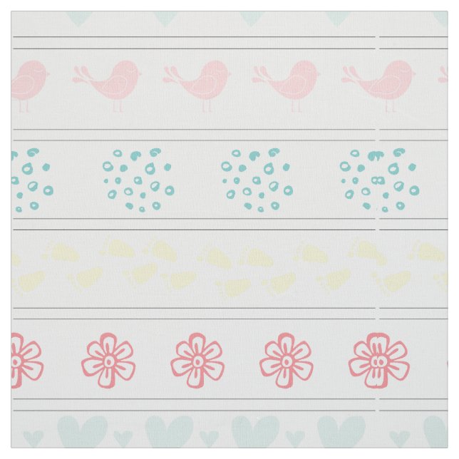 Tissu motif blanc d'oiseaux, points, pas, fleurs, (Échantillon)