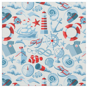 Tissu Motif blanc et bleu rouge nautique