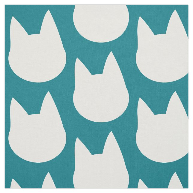Tissu Motif blanc visage chat Turquoise (Échantillon)