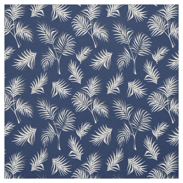 Tissu Motif bleu et blanc de feuille de palme tropicale (Échantillon)