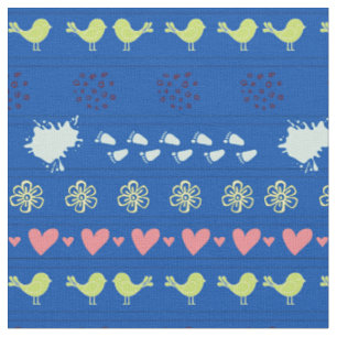 Tissu Motif bleu rétro d'oiseaux, de points, de pas,