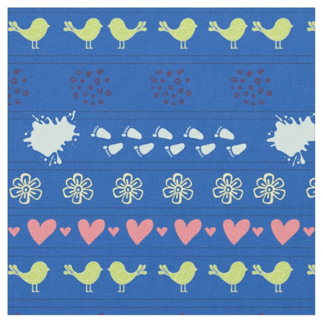 Tissu Motif bleu rétro d'oiseaux, de points, de pas, (Fermer)