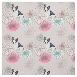 Tissu Motif Bulldog Français et Fleurs